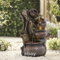 Solar Cascading Water Fountain Withered Tree Barrel Jar Garden Water Feature LED