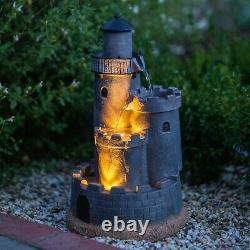 Solar Castle Water Feature Tiered Grey Cascade Fountain Battery LED Lights 49cm