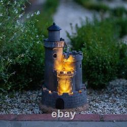 Solar Castle Water Feature Tiered Grey Cascade Fountain Battery LED Lights 49cm