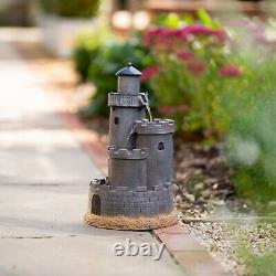 Solar Castle Water Feature Tiered Grey Cascade Fountain Battery LED Lights 49cm