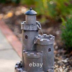 Solar Castle Water Feature Tiered Grey Cascade Fountain Battery LED Lights 49cm