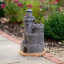 Solar Castle Water Feature Tiered Grey Cascade Fountain Battery LED Lights 49cm