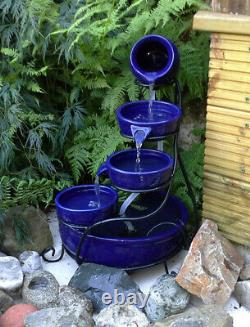 Solar Ceramic Water Feature Fountain with Battery Backup & LEDs Solaray Blue