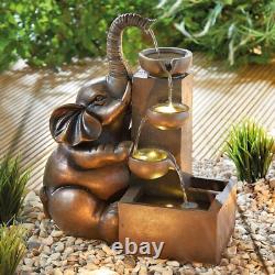 Solar Elephant Water Feature with LED Lights Tiered Fountain Garden Ornament