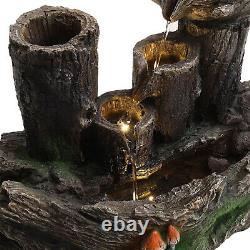 Solar Fountain Retro Log Cascading LED Lights Water Feature Garden Statues Decor