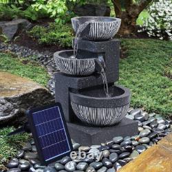 Solar Garden Water Fountain With LED Light Resin Stone Effect 3 Tier Round Bowls