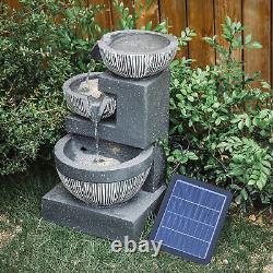 Solar Garden Water Fountain With LED Light Resin Stone Effect 3 Tier Round Bowls