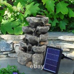 Solar Garden Water Fountain with Lights Outdoor Cascading Tier Barrel Bowl Rocks