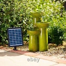 Solar Green Cascade Water Feature Tiered Bowls Fountain Battery LED Lights 40cm