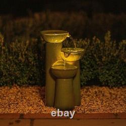 Solar Green Cascade Water Feature Tiered Bowls Fountain Battery LED Lights 40cm