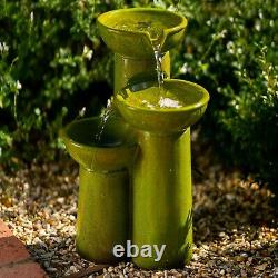 Solar Green Cascade Water Feature Tiered Bowls Fountain Battery LED Lights 40cm