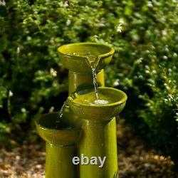 Solar Green Cascade Water Feature Tiered Bowls Fountain Battery LED Lights 40cm