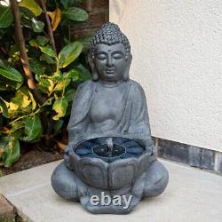 Solar LED Grey Buddha Outdoor Light Up Water Fountain Feature Garden Bird Bath