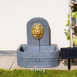 Solar Lion's Head Grey & Gold Outdoor Garden Water Fountain Feature Bird Bath