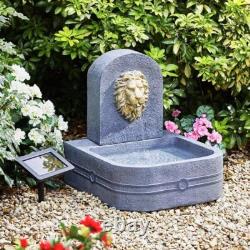 Solar Lion's Head Grey & Gold Outdoor Garden Water Fountain Feature Bird Bath