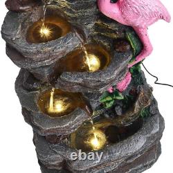 Solar Outdoor Fountain Garden Water Feature LED Polyresin Slate Flamingo Statues