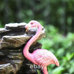 Solar Outdoor Fountain Garden Water Feature LED Polyresin Slate Flamingo Statues