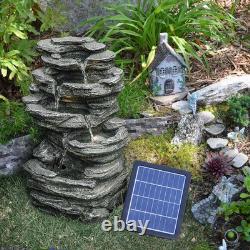 Solar Outdoor Rock Cascading Fountain Garden Water Feature Polyresin Statue LED