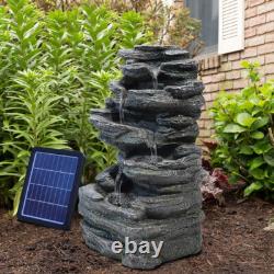 Solar Outdoor Rock Cascading Fountain Garden Water Feature Polyresin Statue LED