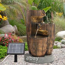Solar Outdoor Wooden Barrel LED Tiered Jar Water Fountain Garden Feature Statues
