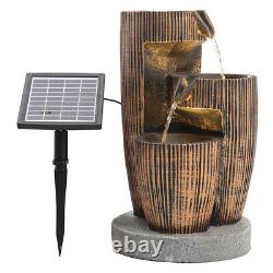Solar Outdoor Wooden Barrel LED Tiered Jar Water Fountain Garden Feature Statues