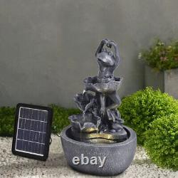 Solar Power Garden Fountain LED Light Water Feature Frog Statue Cascading Decor