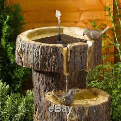 Solar Power Outdoor Garden Tree Trunk Birdbath Water Fountain Feature Cascade
