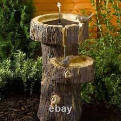 Solar Power Outdoor Tiered Tree Trunk Water Fountain Feature Garden Bird Bath