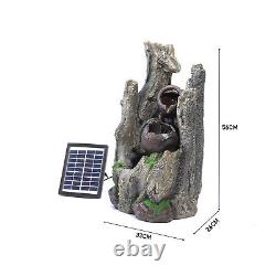Solar Powered Garden Fake Tree Stump Cascading Bowls Water Feature LED Fountains