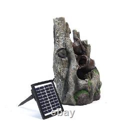 Solar Powered Garden Fake Tree Stump Cascading Bowls Water Feature LED Fountains