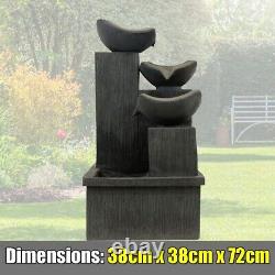 Solar Powered Garden Water Feature Fountain with Light 3 Bowls Cascading Slate