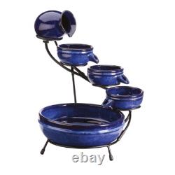 Solar Powered Neptune Cascade Fountain Blue Ceramic 5 Tier Garden Water Feature