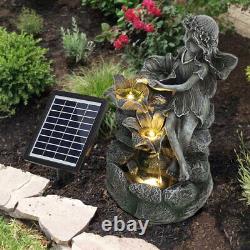 Solar Powered Outdoor Flower Rockery Waterfall LED Fountain Garden Water Feature