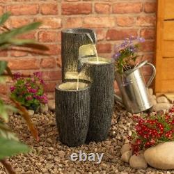 Solar Powered Water Feature Fountain Outdoor Grey Log Design Garden Ornament