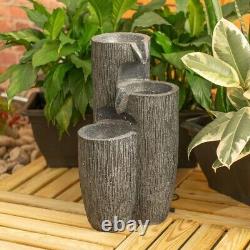 Solar Powered Water Feature Fountain Outdoor Grey Log Design Garden Ornament