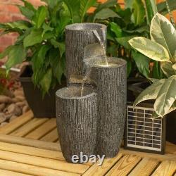 Solar Powered Water Feature Fountain Outdoor Grey Log Design Garden Ornament