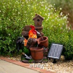 Solar Rooster Water Feature Tiered Pots Cascade Fountain Battery LED Lights 57cm