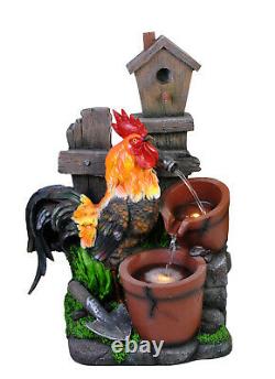 Solar Rooster Water Feature Tiered Pots Cascade Fountain Battery LED Lights 57cm