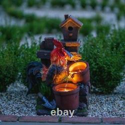 Solar Rooster Water Feature Tiered Pots Cascade Fountain Battery LED Lights 57cm