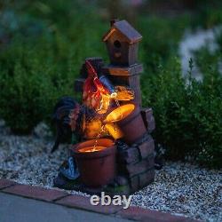 Solar Rooster Water Feature Tiered Pots Cascade Fountain Battery LED Lights 57cm