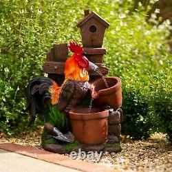 Solar Rooster Water Feature Tiered Pots Cascade Fountain Battery LED Lights 57cm