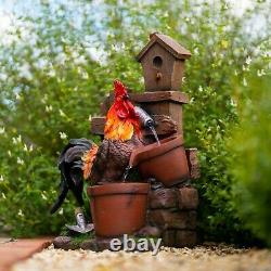 Solar Rooster Water Feature Tiered Pots Cascade Fountain Battery LED Lights 57cm