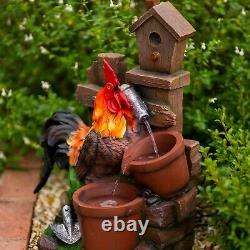 Solar Rooster Water Feature Tiered Pots Cascade Fountain Battery LED Lights 57cm