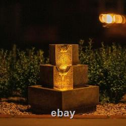 Solar Tiered Cascade Water Feature Square Coba Fountain Battery LED Lights 37cm