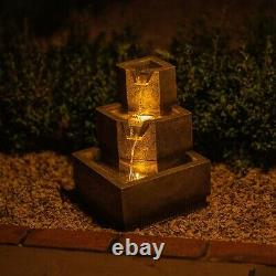 Solar Tiered Cascade Water Feature Square Coba Fountain Battery LED Lights 37cm