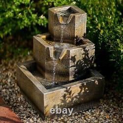Solar Tiered Cascade Water Feature Square Coba Fountain Battery LED Lights 37cm
