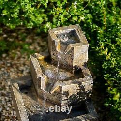 Solar Tiered Cascade Water Feature Square Coba Fountain Battery LED Lights 37cm