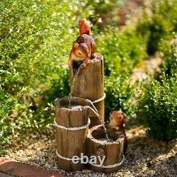 Solar Tiered Cascade Water Feature Squirrels Fountain Battery LED Lights 59cm