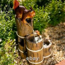 Solar Tiered Cascade Water Feature Squirrels Fountain Battery LED Lights 59cm