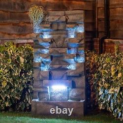 Stone Effect Wall Cascade Tiered Water Feature Planter Fountain LED Lights 180cm
